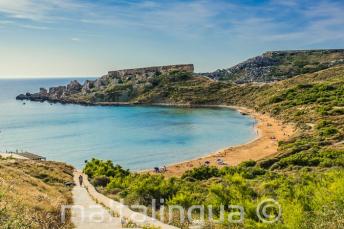 A vista of a sandy plajă in Mellieha, Malta